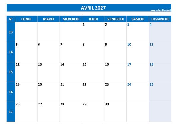 Calendrier mensuel avec numéros de semaine semaines à imprimer, mois d'avril 2027, thème bleu. Calendrier du mois d'avril 2027 avec semaines à imprimer.