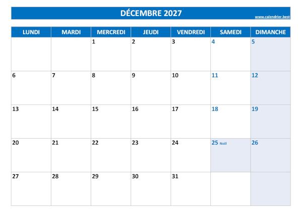 Calendrier mensuel avec jours fériés à imprimer, mois de décembre 2027, thème bleu. Calendrier du mois de décembre avec jours fériés 2027 à imprimer.