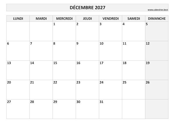 Calendrier mensuel vierge à imprimer, mois de décembre 2027, thème noir et blanc. Calendrier du mois de décembre 2027 à imprimer.