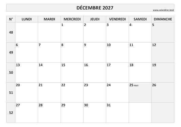 Calendrier mensuel avec numéros de semaine à imprimer, mois de décembre 2027, thème noir et blanc. Calendrier du mois de décembre 2027 avec semaines à imprimer.