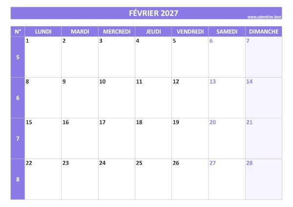 Calendrier mensuel avec numéros de semaine à imprimer, mois de février 2027, thème violet. Calendrier du mois de février 2027 avec semaines à imprimer.