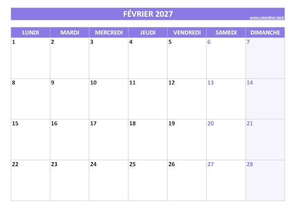 Calendrier mensuel vierge à imprimer, mois de février 2027, thème violet. Calendrier du mois de février 2027 à imprimer.