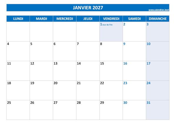 Calendrier mensuel avec jours fériés à imprimer, mois de janvier 2027, thème bleu. Calendrier du mois de janvier 2027 avec jours fériés à imprimer.