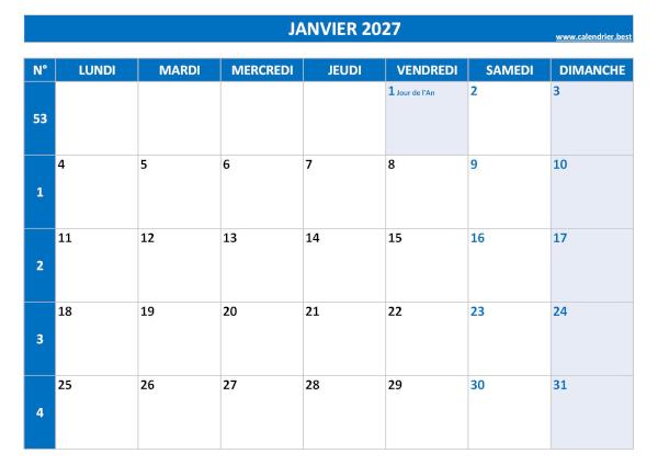 Calendrier mensuel avec numéros de semaines et jours fériés à imprimer, mois de janvier 2027, thème bleu. Calendrier janvier 2027 à imprimer.