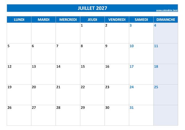 Calendrier mensuel vierge à imprimer, mois de juillet 2027, thème bleu. Calendrier du mois de juillet 2027 à imprimer.