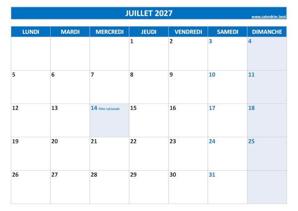 Calendrier mensuel avec jours fériés à imprimer, mois de juillet 2027, thème bleu. Calendrier du mois de juillet 2027 avec jours fériés à imprimer.