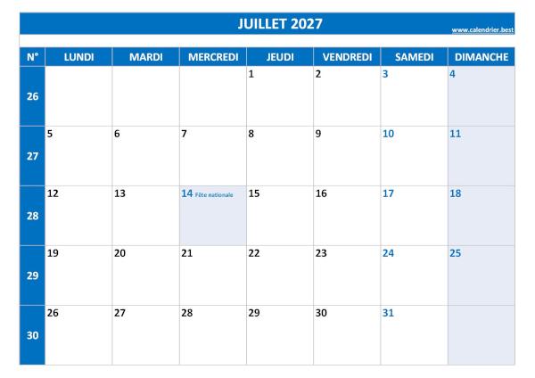 Calendrier mensuel avec numéros de semaine à imprimer, mois de juillet 2027, thème bleu. Calendrier du mois de juillet 2027 avec semaines à imprimer.