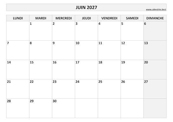 Calendrier mensuel vierge à imprimer, mois de juin 2027, thème noir et blanc. Calendrier du mois de juin 2027 à imprimer.