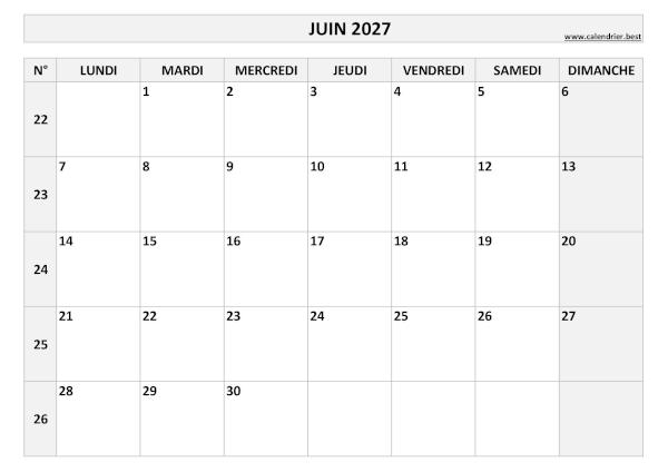 Calendrier mensuel avec numéros de semaine à imprimer, mois de juin 2027, thème noir et blanc. Calendrier du mois de juin 2027 avec semaines à imprimer.