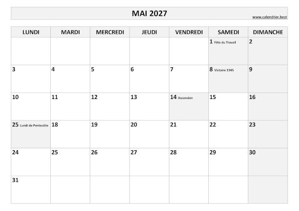 Calendrier mensuel avec jours fériés à imprimer, mois de mai 2027, thème noir et blanc. Calendrier du mois de mai 2027 avec jours fériés à imprimer.