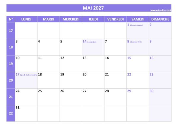 Calendrier mensuel avec numéros de semaine à imprimer, mois de mai 2027, thème violet. Calendrier du mois de mai 2027 avec semaines à imprimer.