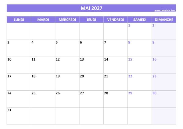 Calendrier mensuel vierge à imprimer, mois de mai 2027, thème violet. Calendrier du mois de mai 2027 à imprimer.