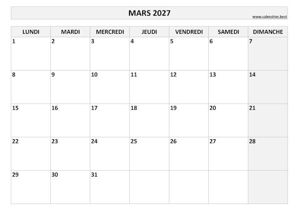 Calendrier mensuel vierge à imprimer, mois de mars 2027, thème noir et blanc. Calendrier du mois de mars 2027 à imprimer.