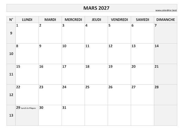 Calendrier mensuel avec numéros de semaine à imprimer, mois de mars 2027, thème noir et blanc. Calendrier du mois de mars 2027 avec semaines à imprimer.