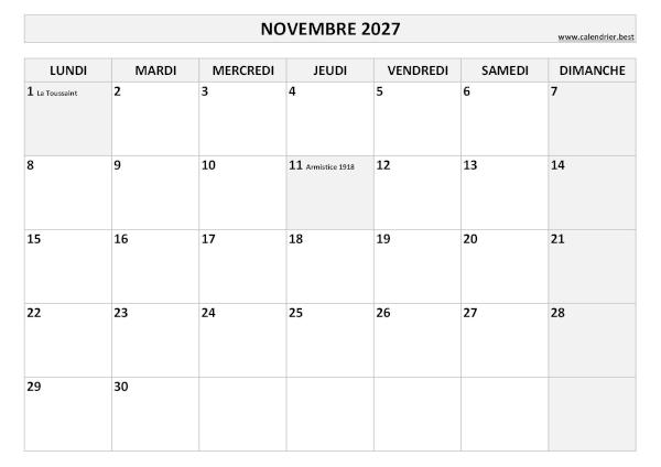 Calendrier mensuel avec jours fériés à imprimer, mois de novembre 2027, thème noir et blanc. Calendrier du mois de novembre 2027 avec jours fériés à imprimer.