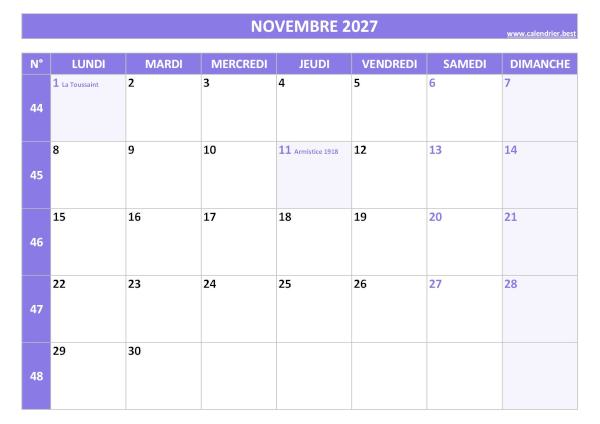 Calendrier mensuel avec numéros de semaine à imprimer, mois de novembre 2027, thème violet. Calendrier du mois de novembre 2027 avec semaines à imprimer.