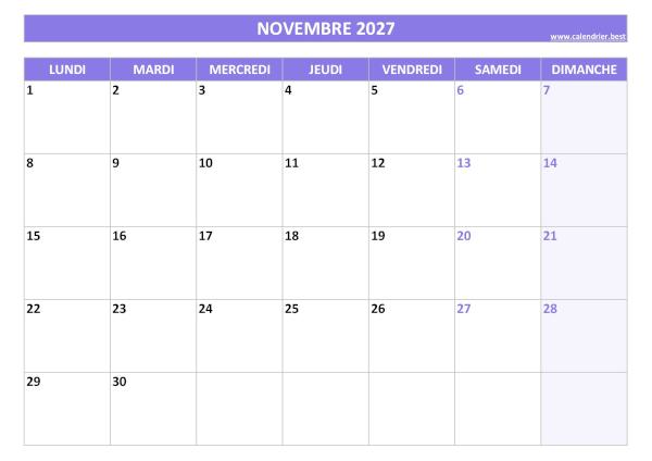 Calendrier mensuel vierge à imprimer, mois de novembre 2027, thème violet. Calendrier du mois de novembre 2027 à imprimer.