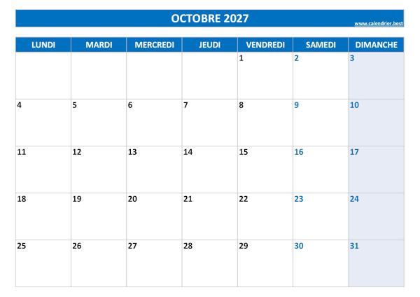 Calendrier mensuel vierge à imprimer, mois d'octobre 2027, thème bleu. Calendrier du mois d'octobre 2027 à imprimer.