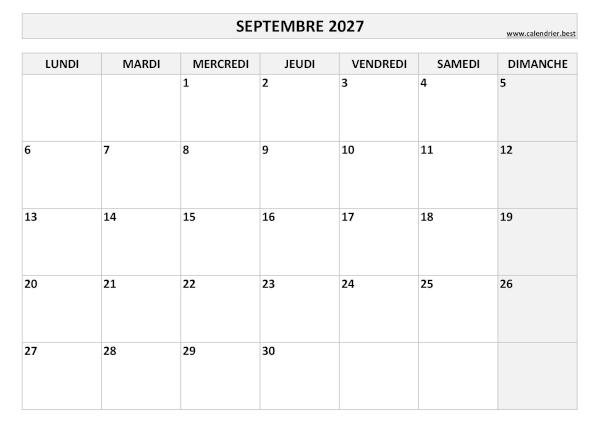 Calendrier mensuel vierge à imprimer, mois de septembre 2027, thème noir et blanc. Calendrier du mois de septembre 2027 à imprimer.