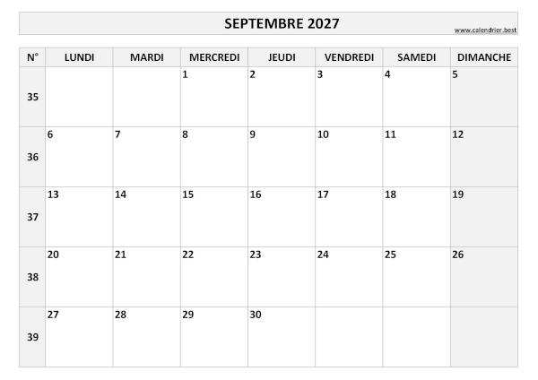 Calendrier mensuel avec numéros de semaine à imprimer, mois de septembre 2027, thème noir et blanc. Calendrier du mois de septembre 2027 avec semaines à imprimer.