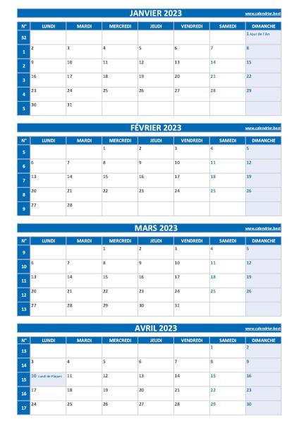 Calendrier pour le 1er quadrimestre 2023 : mois de janvier, février, mars et avril 2023