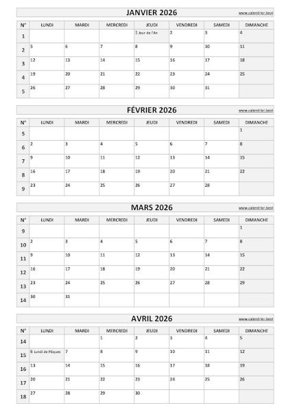 Calendrier pour le 1er quadrimestre 2026 : mois de janvier, février, mars et avril 2026