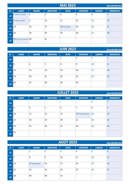 Calendrier pour le 2ème quadrimestre 2023 : mois de mai, juin, juillet et août 2023