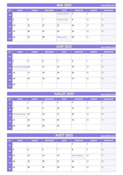 Calendrier pour le 2ème quadrimestre 2025 : mois de mai, juin, juillet et août 2025