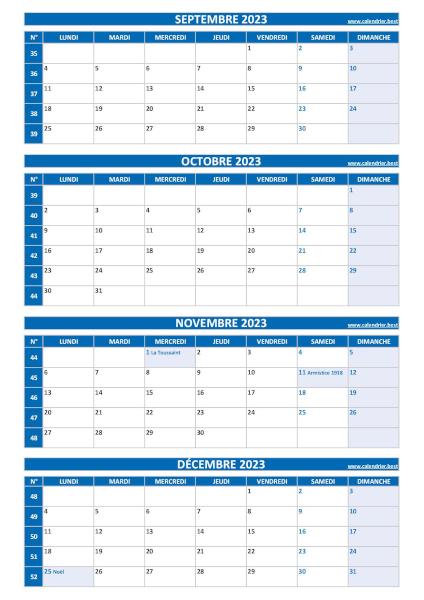 Calendrier pour le 3ème quadrimestre 2023 : mois de septembre, octobre, novembre et décembre 2023