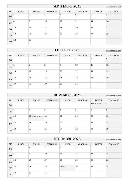 Calendrier pour le 3ème quadrimestre 2025 : mois de septembre, octobre, novembre et décembre 2025