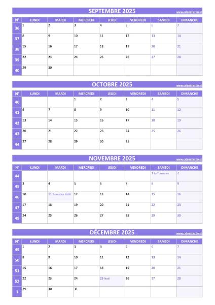 Calendrier pour le 3ème quadrimestre 2025 : mois de septembre, octobre, novembre et décembre 2025