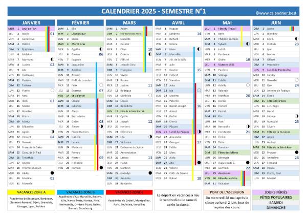 Calendrier 2025 avec fêtes et Saints du jour, vacances scolaires, jours fériés, lunaisons, 1er semestre