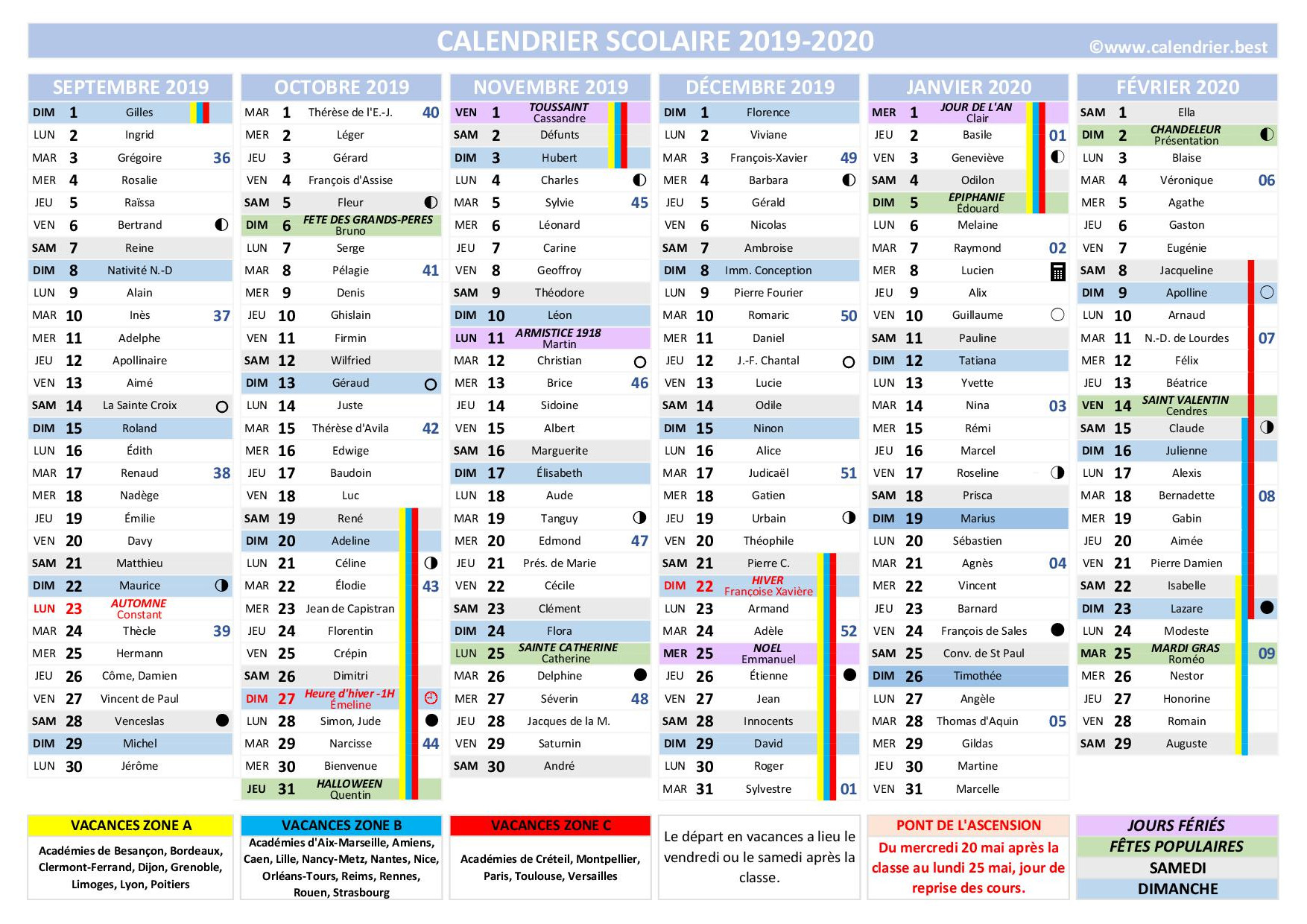 Calendrier scolaire 2019 et 2020 à imprimer -Calendrier.best