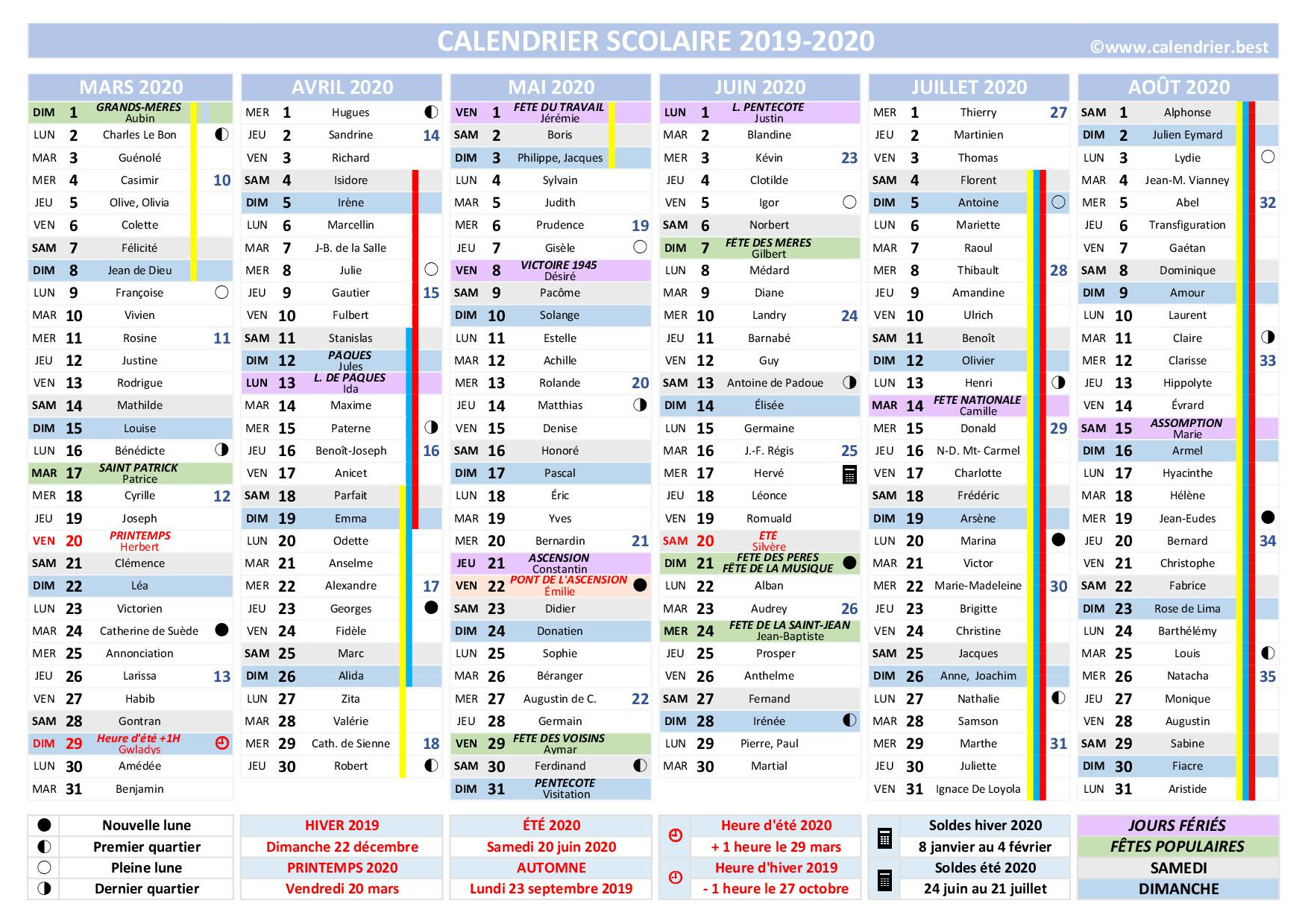 Calendrier scolaire 2019 et 2020 à imprimer -Calendrier.best