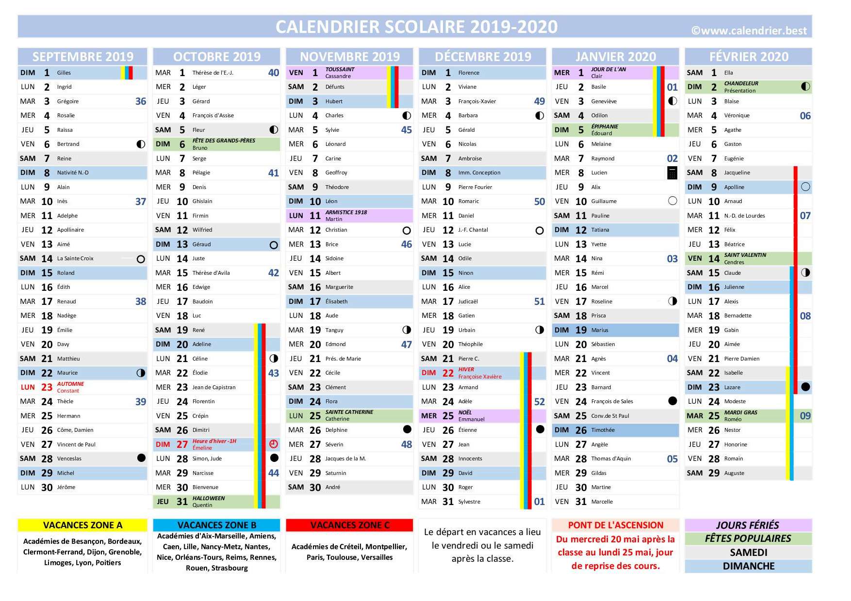 Calendrier scolaire 2019 et 2020 à imprimer -Calendrier.best