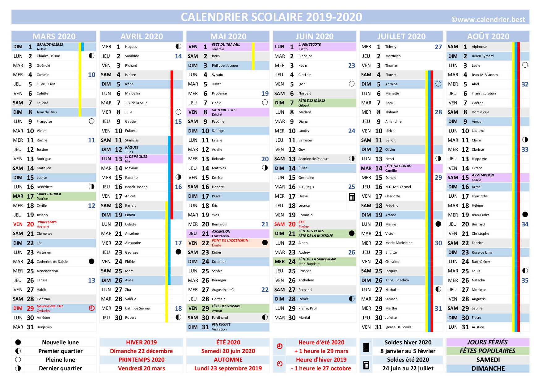 Calendrier scolaire 2019 et 2020 à imprimer -Calendrier.best