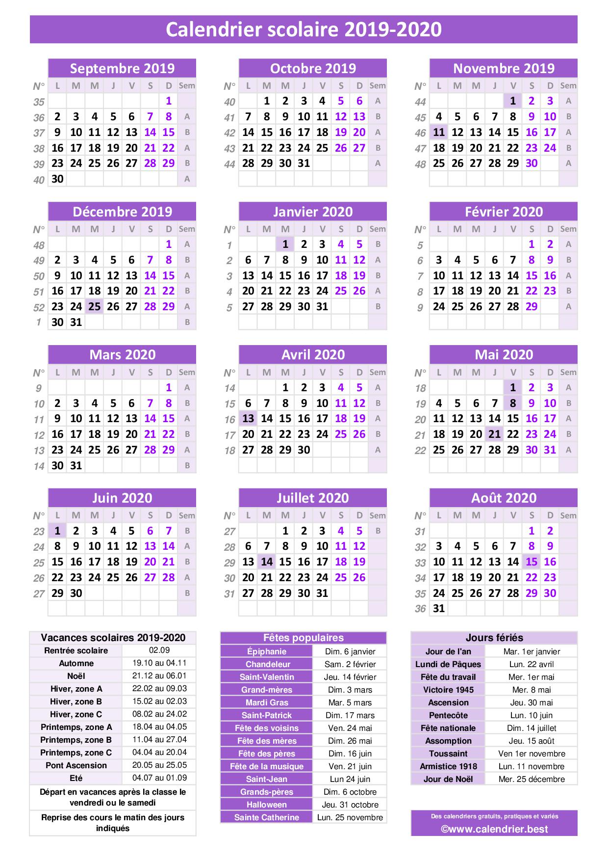 Calendrier scolaire 2019 et 2020 à imprimer -Calendrier.best