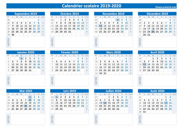 Calendrier scolaire vierge 2019-2020 à imprimer avec espace bloc-notes disponible sous chaque mois