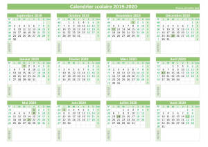 Calendrier scolaire vierge 2019-2020 à imprimer avec espace bloc-notes disponible sous chaque mois