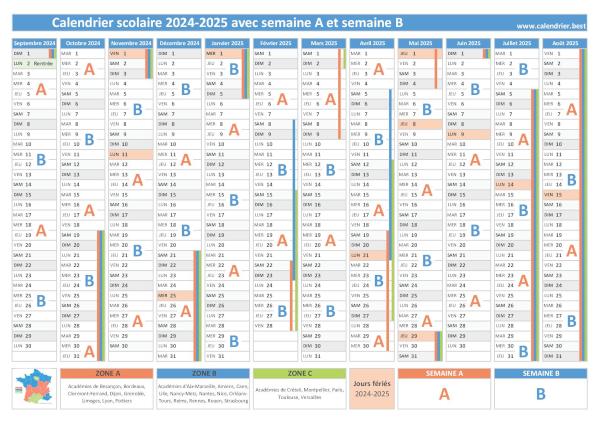 Calendrier scolaire 2024-2025 avec semaine A en orange et semaine B en bleu