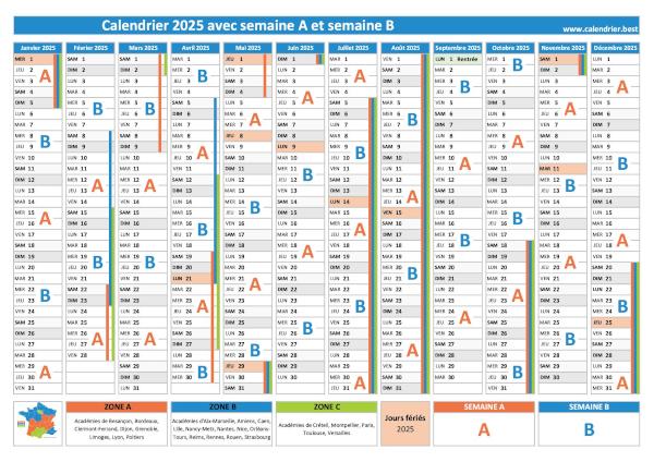 Calendrier 2025 avec semaine A et semaine B