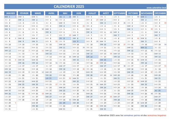 Calendrier 2025 avec les semaines paires et impaires.