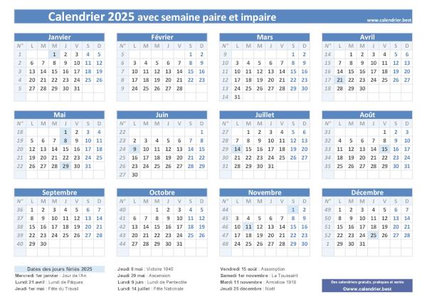 Calendrier semaine paire impaire 2025.