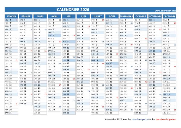 Calendrier 2026 avec les semaines paires et impaires.