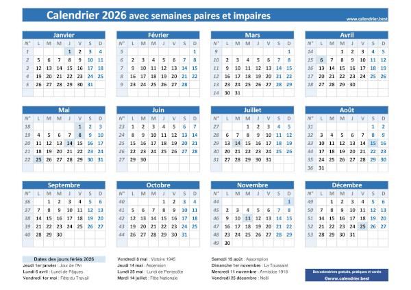 Calendrier semaine paire impaire 2026.