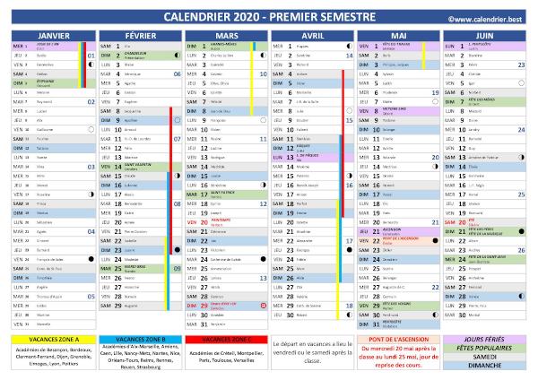 Calendrier 1er et 2ème semestre 2020 à imprimer