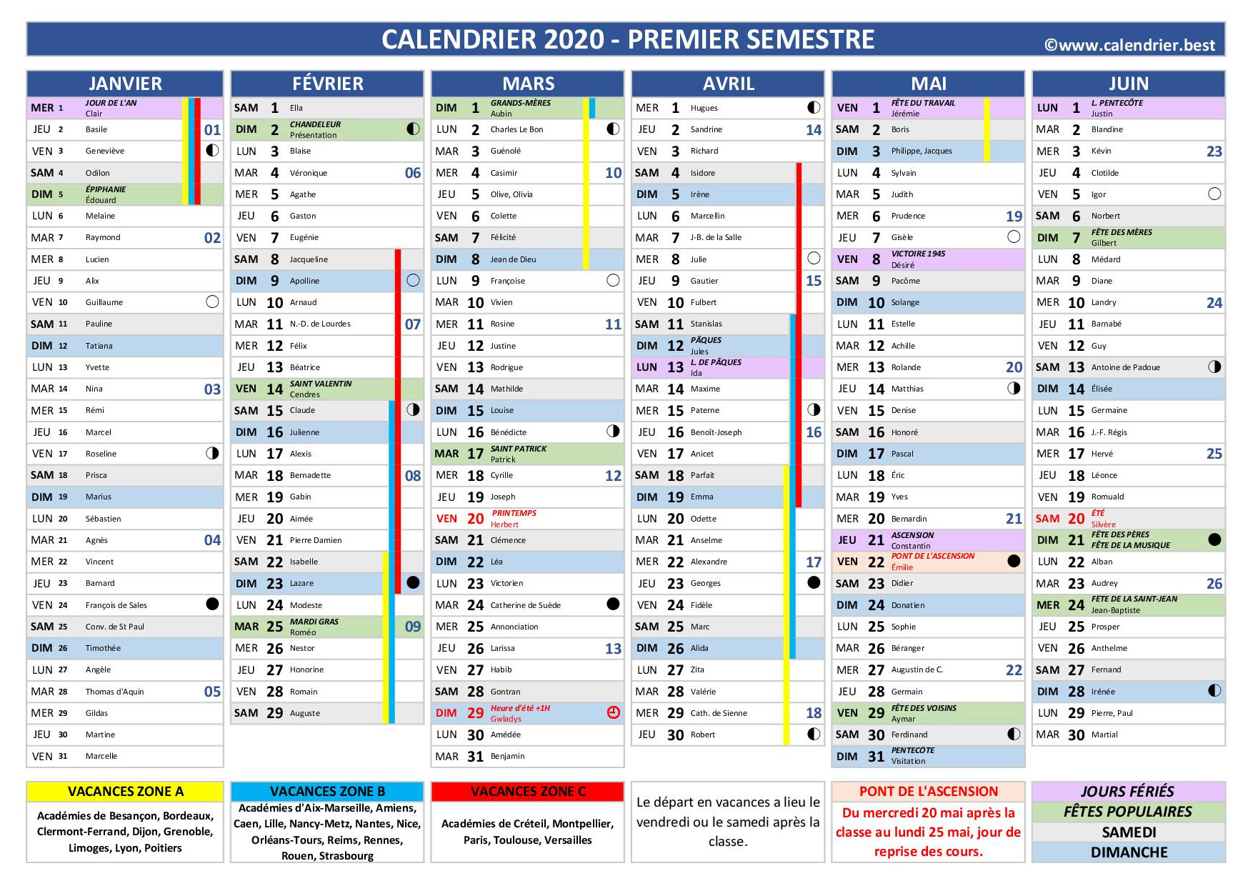 Calendrier 1er et 2ème semestre 2020 à imprimer