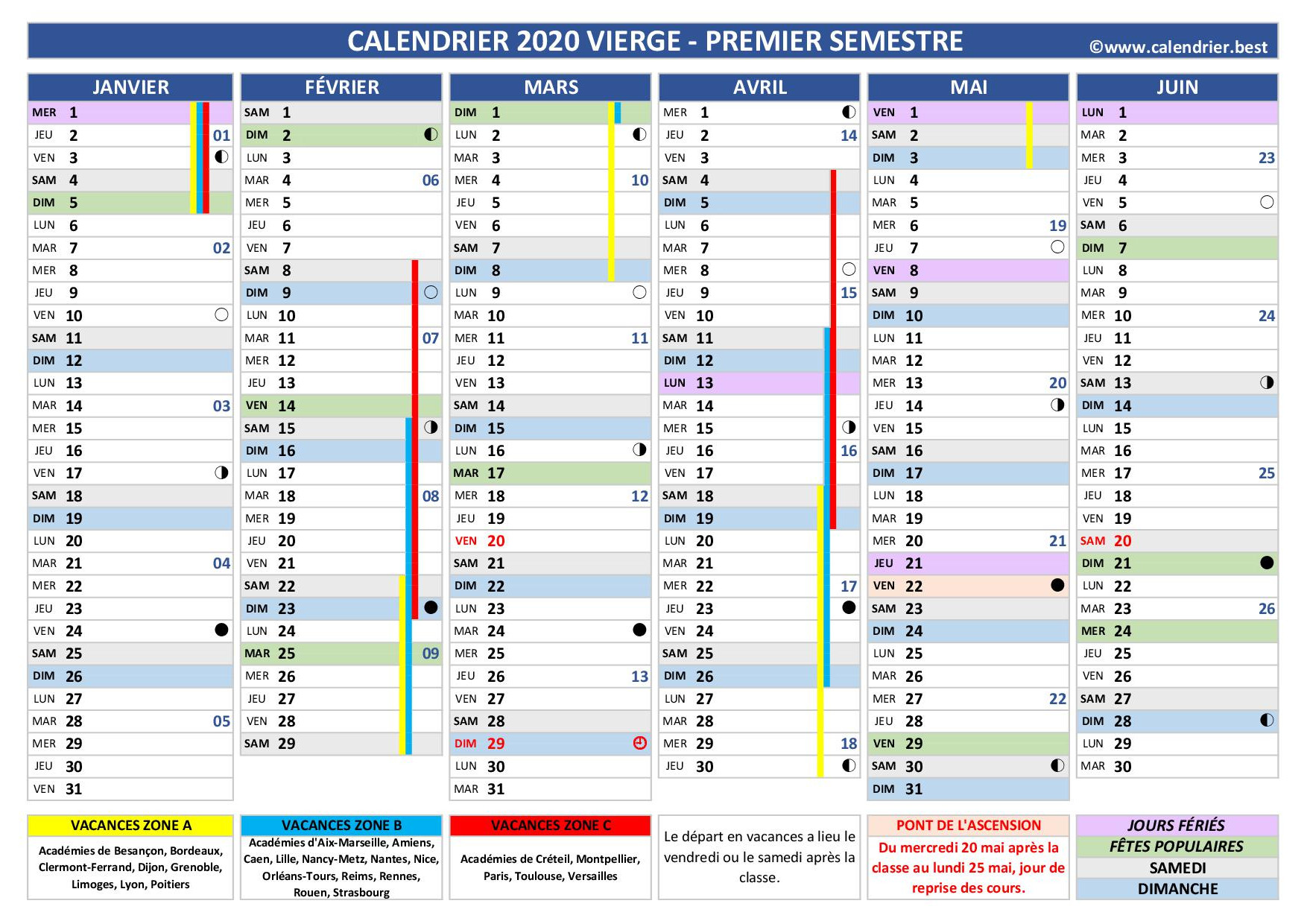 Calendrier 1er et 2ème semestre 2020 à imprimer