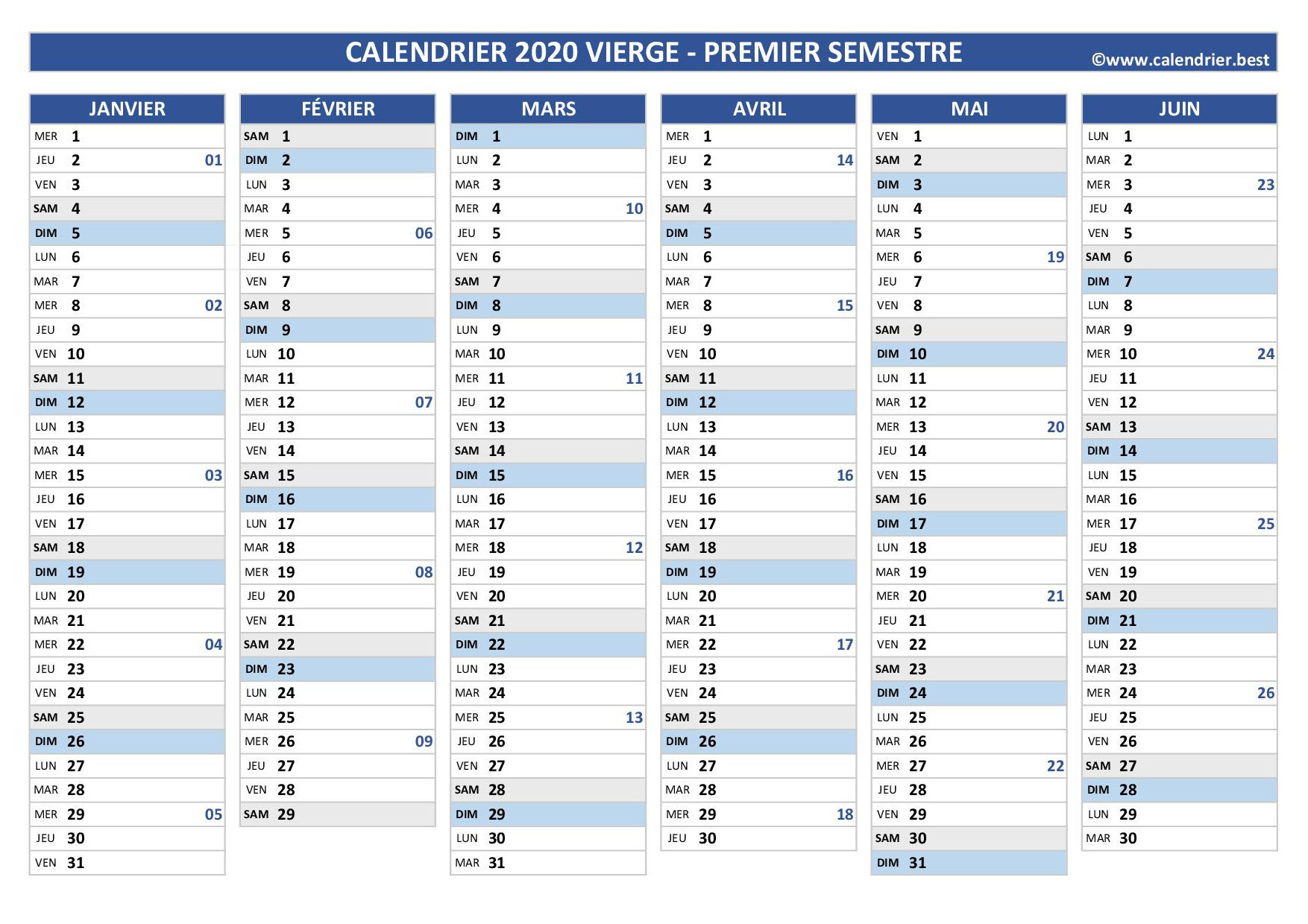 Calendrier 1er et 2ème semestre 2020 à imprimer