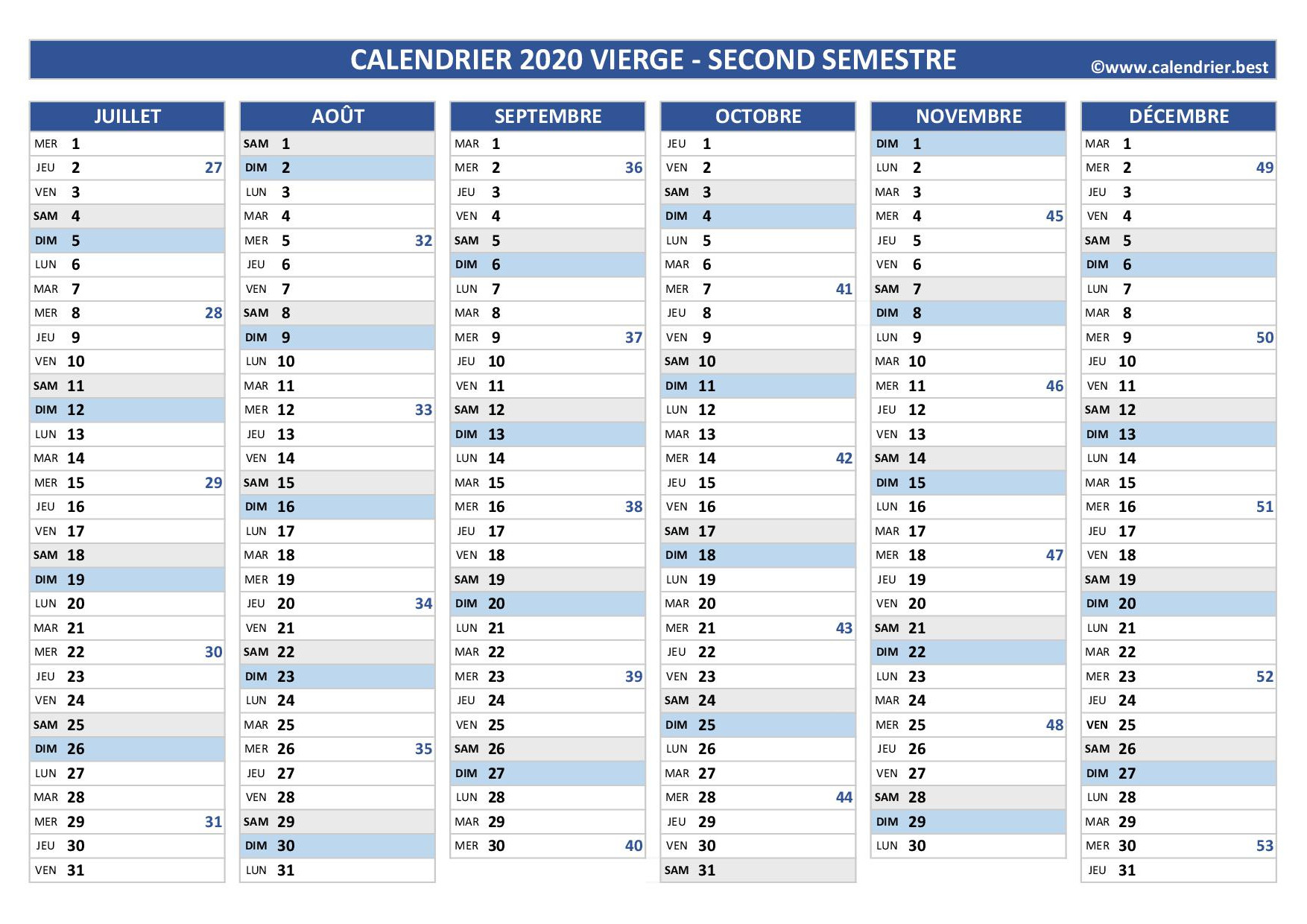 Calendrier 1er et 2ème semestre 2020 à imprimer